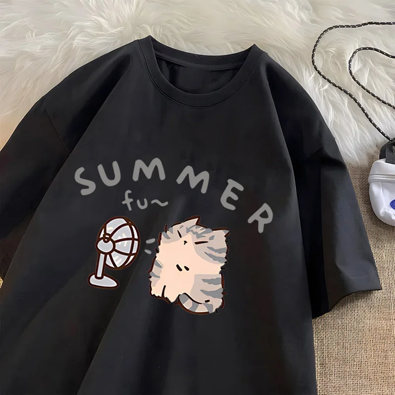 American Street Creative Blow Fan Cat T-shirt for Men Women Summer Cotton Short Sleeve Tshirt Unisex O Neck Tees Mens Clothing