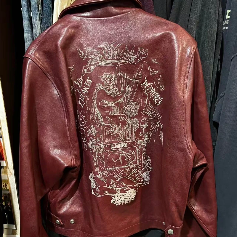 

2026ss Embroidered Printed Leather Jacket High-quality Burgundy Loose Casual High Street Men's Women's Jackets