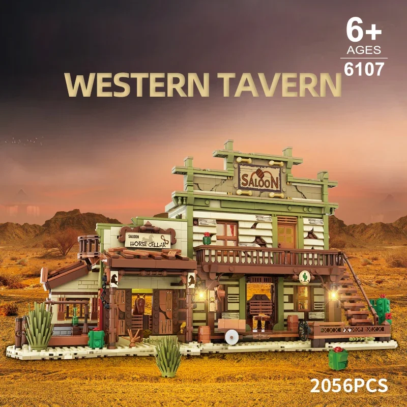 2046PCS Western Cowboy Tavern Building Blocks Classic Pub Town Horse Cellar Model Light Bricks Desktop Decoration Holiday Gfits