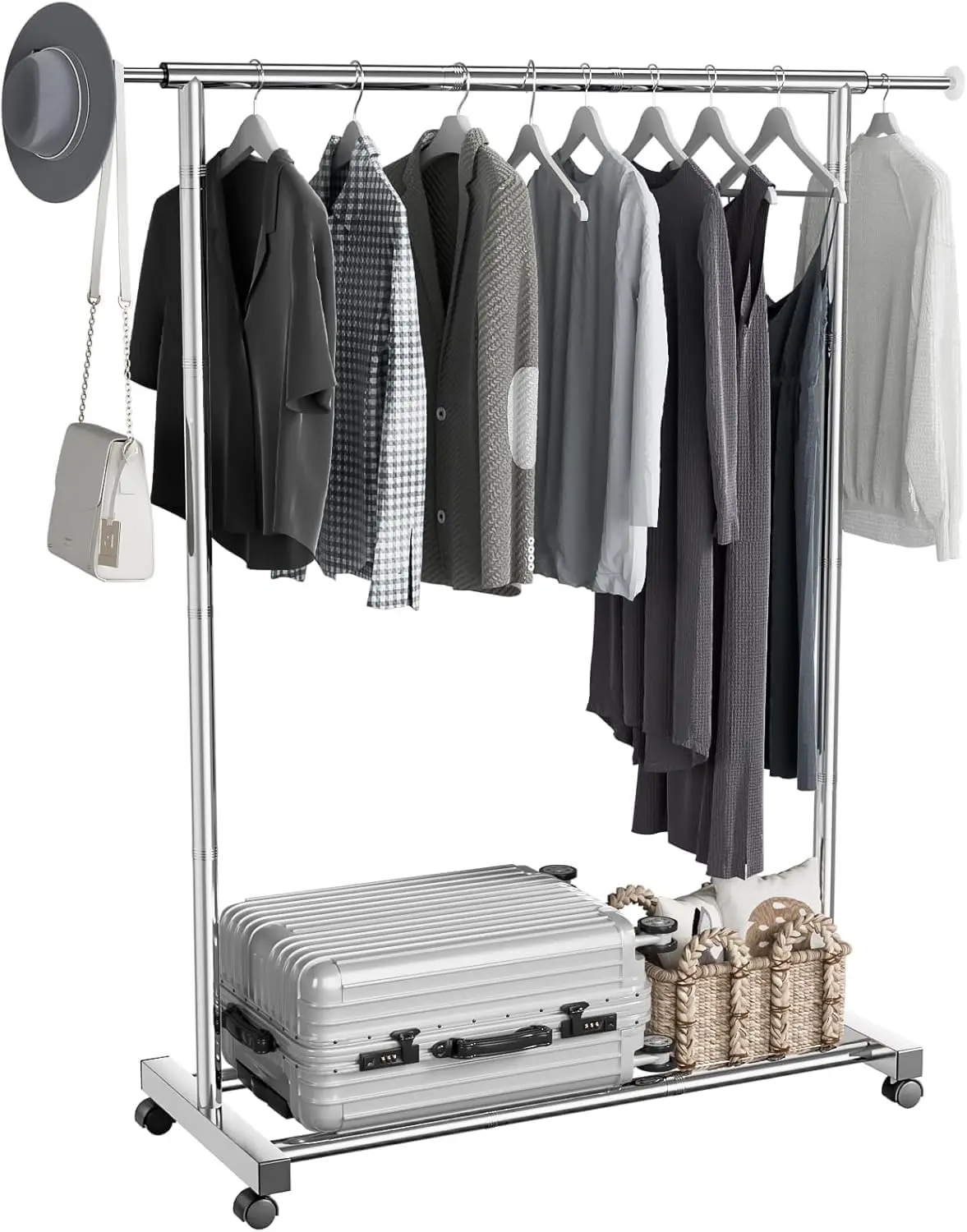 

Stainless Steel Rolling Clothes Rack with Wheels, Adjustable Length, Free Standing Garment Rack