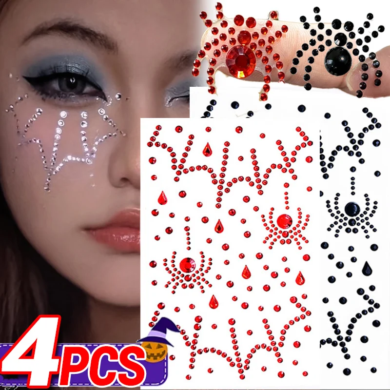 3D Halloween Face Tattoo Crystal Stickers Dark Spider Tattoos Rhinestones Festival Party Jewely Bling Diamond Sticker Decoration