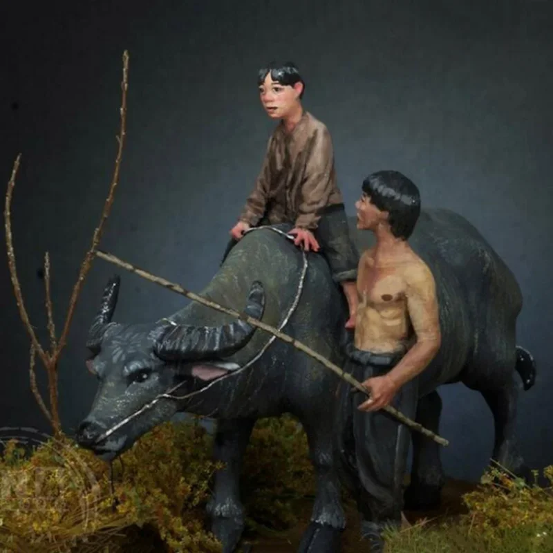 Harzfiguren-Modellbausatz im Maßstab 1:35, Vietnam Shepherd, 2 Personen und Rinder, GK-Mikroszene-Layout, unmontiertes und unbemaltes DIY-Spielzeug