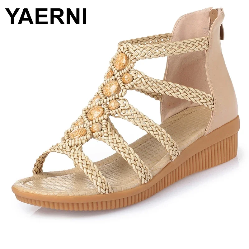 YAERNIFashion Women's Beach Sandals summer women genuine leather sandals Bohemia Beaded sandals Women Shoes Plus size 35-43