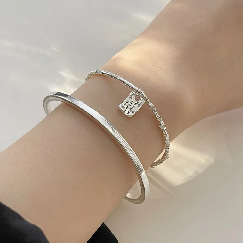 100% Solid 925 Sterling Silver Metal Bracelet for Women Vintage Handmade Simple Retro Shinning Bar Bracelet Birthday Gift Party