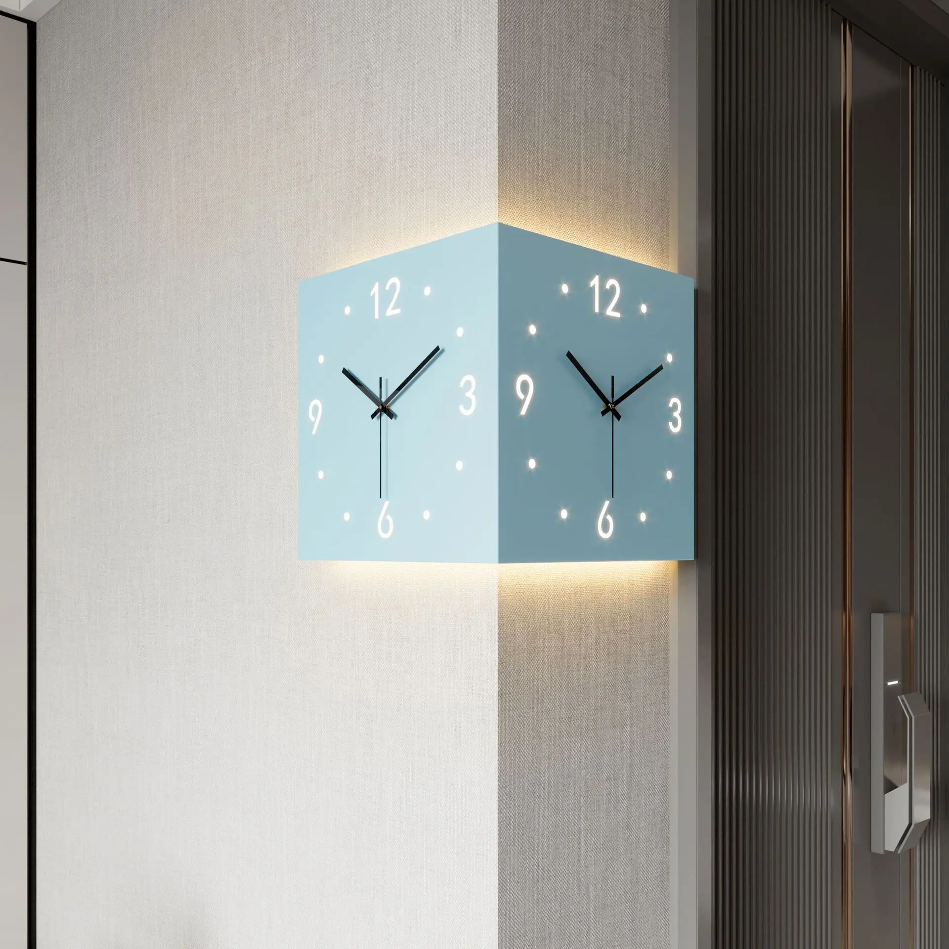 Ins Wind Corner Double-Sided Wall Clock Living Room Simple Modern Wall Clock Punch-Free Fashion Sun Corner Clock Decor Silent