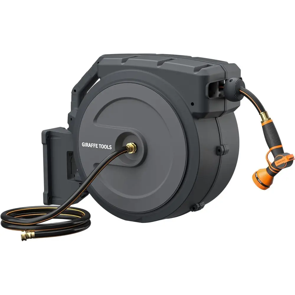 

90ft 5/8 Heavy-Duty Retractable Garden Hose with Wall Mount, Automatic Rewind, 180° Swivel, Lockable Nozzle, Grey