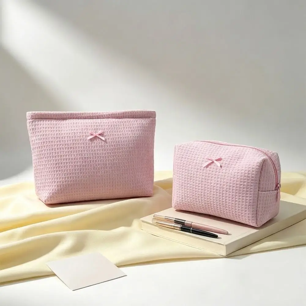 1pc Cute Waffle Knit Makeup Bag Bow Large Capacity Toiletry Bag Cosmetic Pouch Home Travel