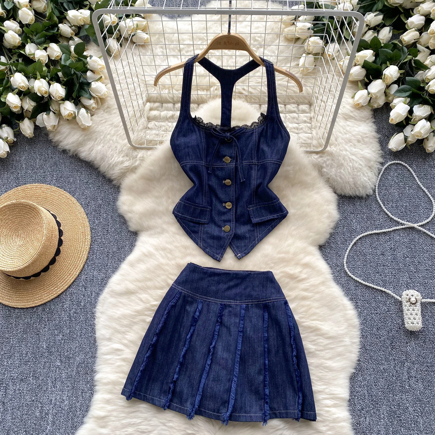 

Denim Lace Set Sexy Youth Women Tank Top Jean Skirt matching Suit Single Breasted Halter Tops Mini Skirts 2 Pieces Sets