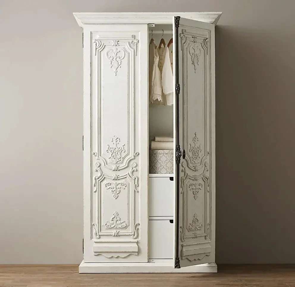 

Q Solid wood carving flower wardrobe American antique white wardrobe French antique carving cabinet