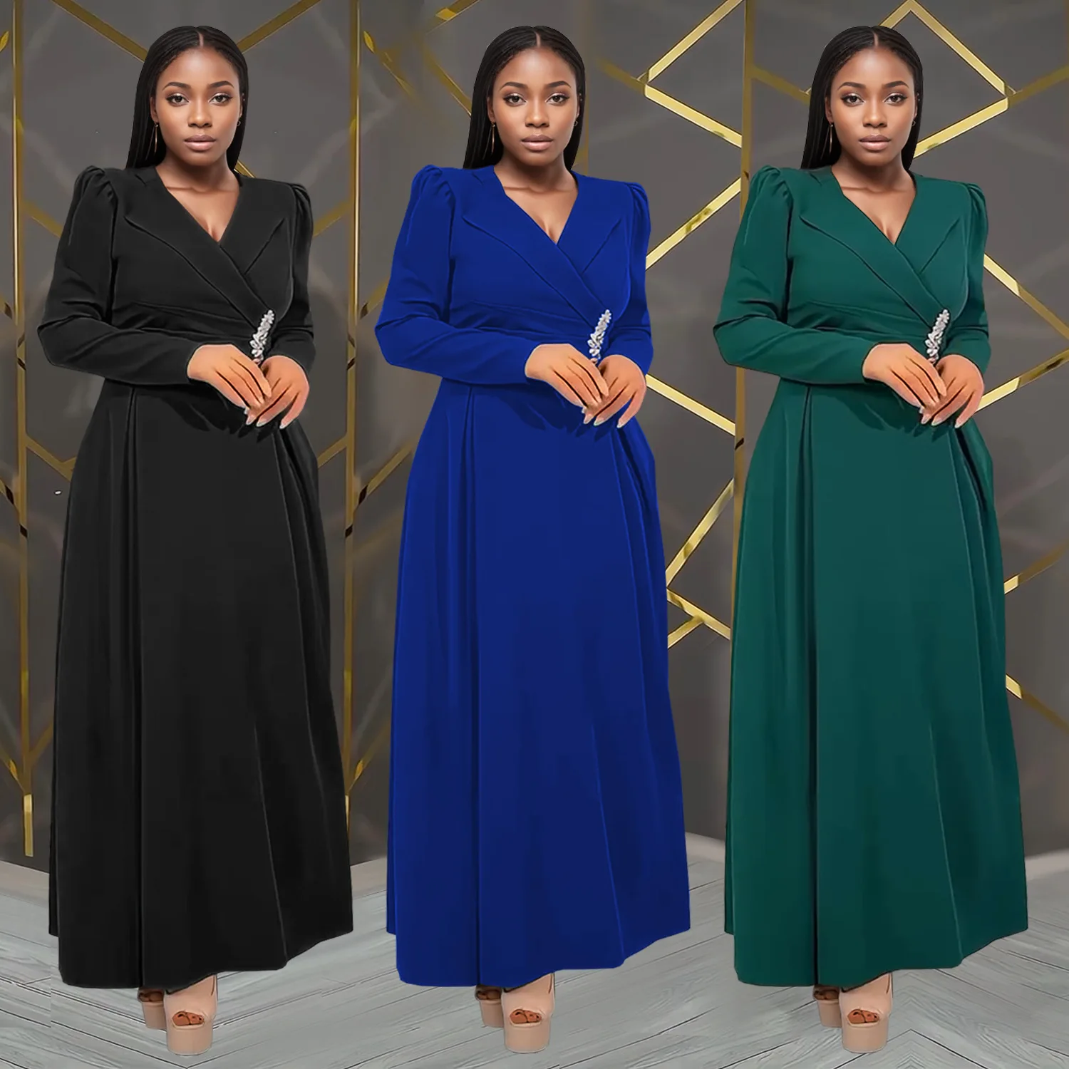 

customized women's adult European and American fashion costume temperament, waist cinched cross lapel long sleeved dress