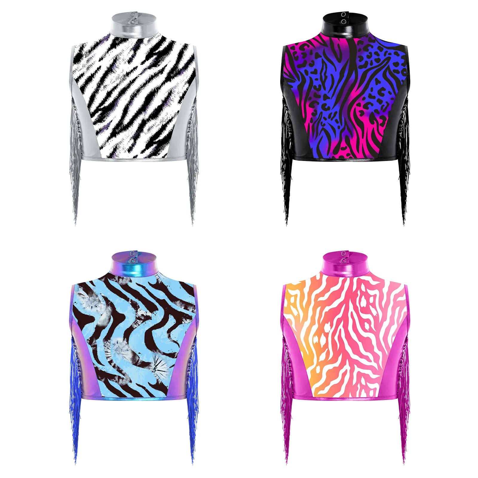 

Fashion Kids Girls Jazz Dance Tops Mock Neck Sleeveless Keyhole Back Zebra-Stripe Metallic Crop Top Stage Performance Costumes