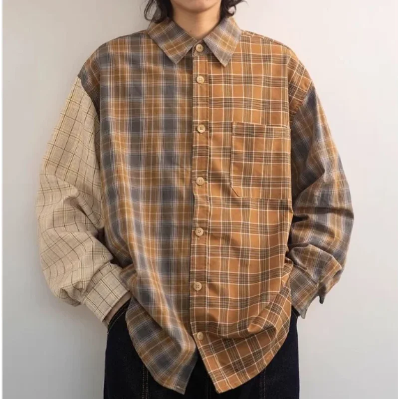 New Arrival Mens American Style Trendy Plaid Patchwork Long Sleeve Shirt Spring New Style Casual Versatile Shirt Outerwear