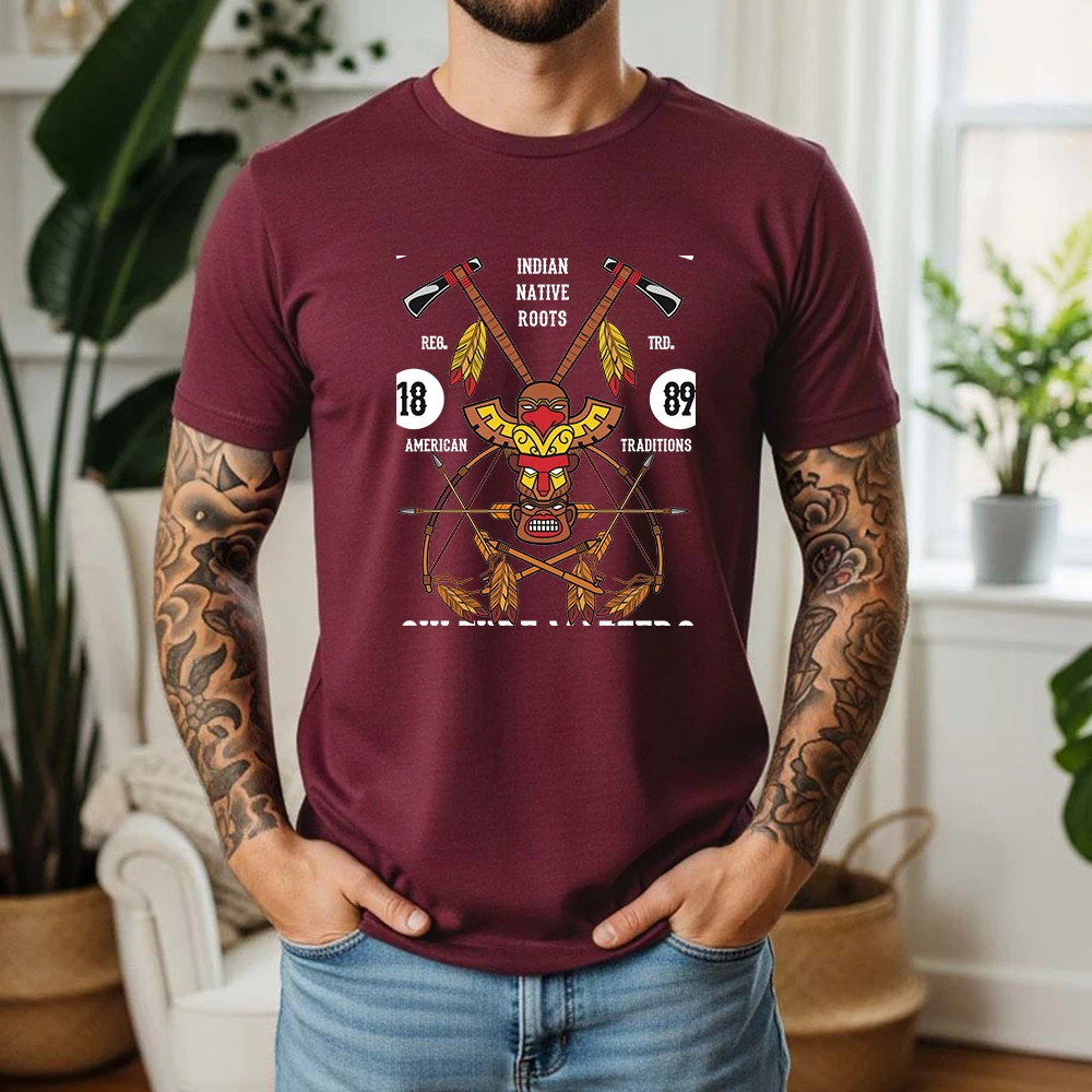 Vintage Native Tribal Totem Tomahawk Arrow Print Mens T shirt Loose Short Sleeve Crew Neck Ethnic Casual Tees