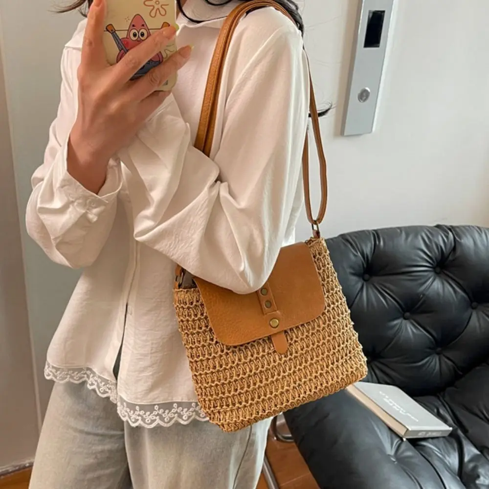 

Bohemian Style Woven Saddle Bag Retro Mobile Phone Bag Straw Crossbody Bag Magnetic Button Lightweight Weave Shoulder Bag Girls
