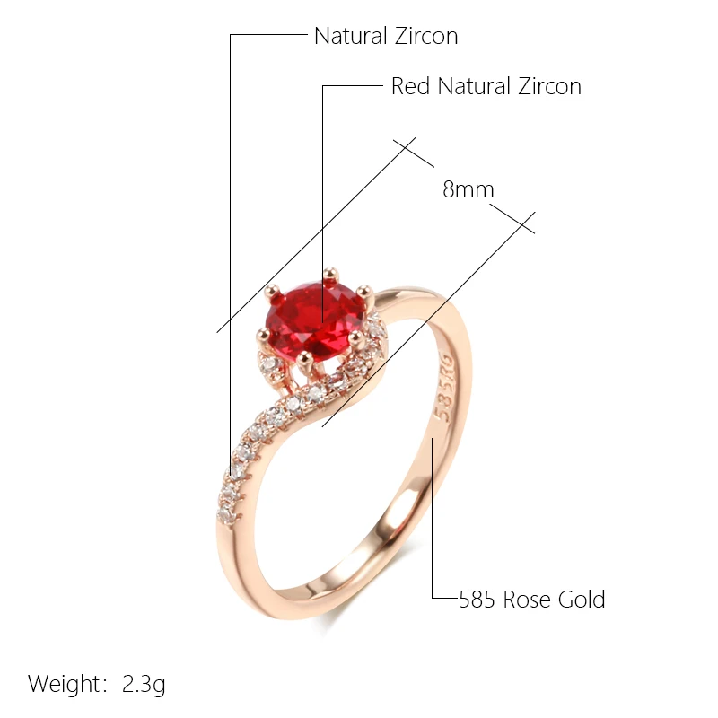Kinel Hot Trend 585 Rose Gold Color Wedding Ring for Women Round Red Natural Zircon Accessories Daily Fine Jewelry Crystal Gift