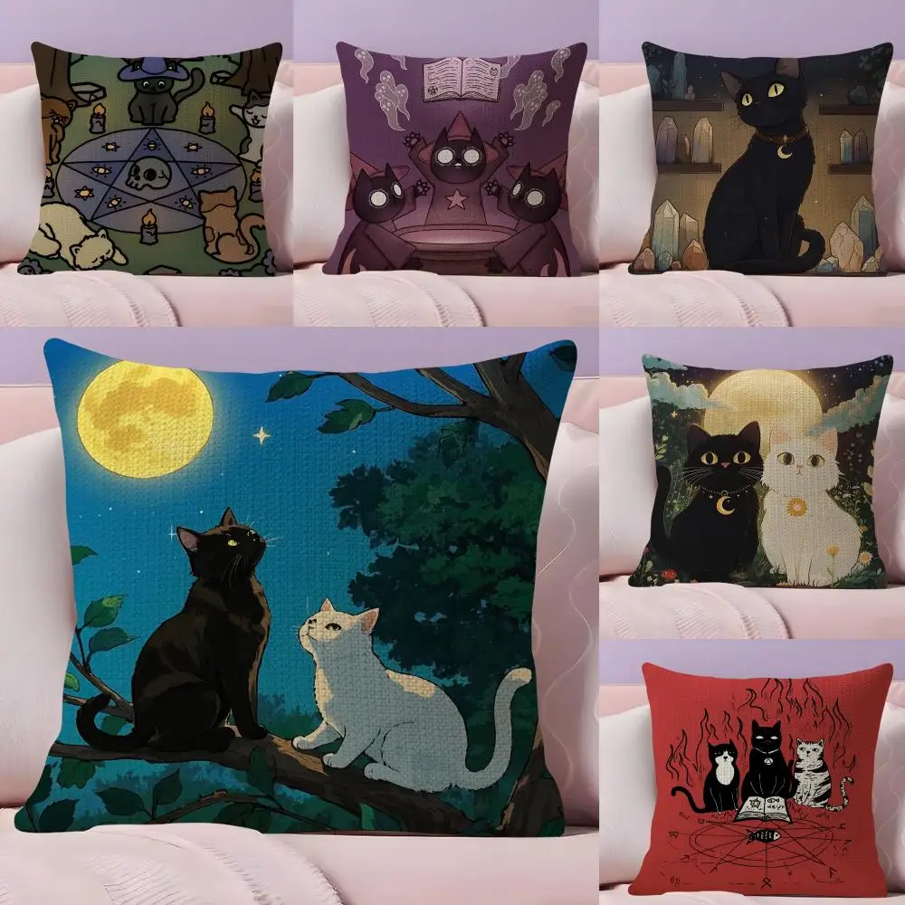 Wizard Cat Cushion Cover Natural Linen Organic Fabric Double-Sided Printing Sofa Home Decor Breathable Bed Pillow