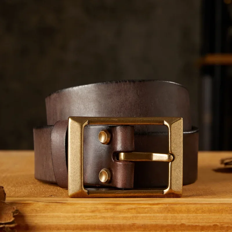 4cm/1.57'' Handmade Leather Belt for Men Top Layer Cowhide Brass Center Bar Buckle Retro Casual Men's Workwear Waistbands