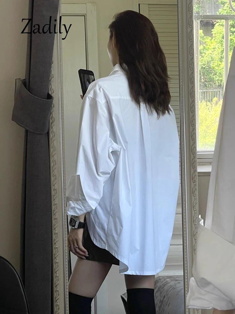 Zadily 2024 Spring Office Lady Full Sleeve Women White Long Shirt Minimalist Oversize Button Up Ladies Blouse Irregular Top