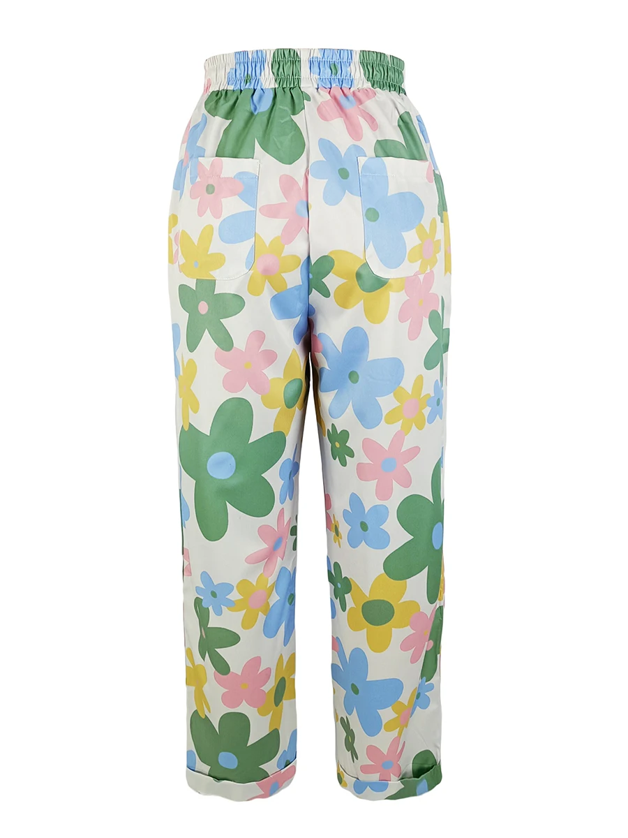 Damen-Hose mit buntem Blumenmuster, weites Bein, hohe Taille, lockere, lässige Hose mit Kordelzug, Boho-Sommer-Strandmode-Hose – Detail 5
