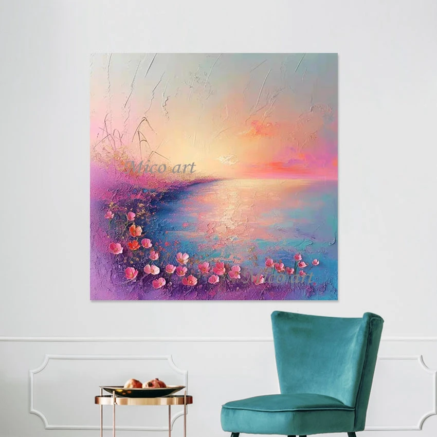 

Canvas Landscape Picture，Pink Floral Wall Art Abstract Frameless Lakeside Flower Clusters Oil Paintings，Hotel Room Artwork