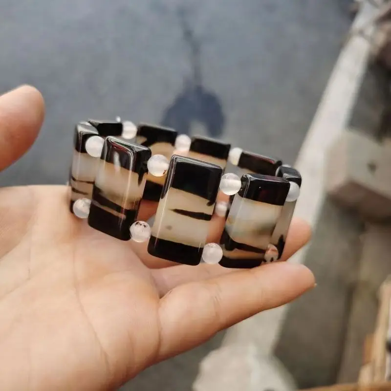 Agate Chalcedony Jewelry Men, Black And White Flower Jade Bracelet Accessory 5