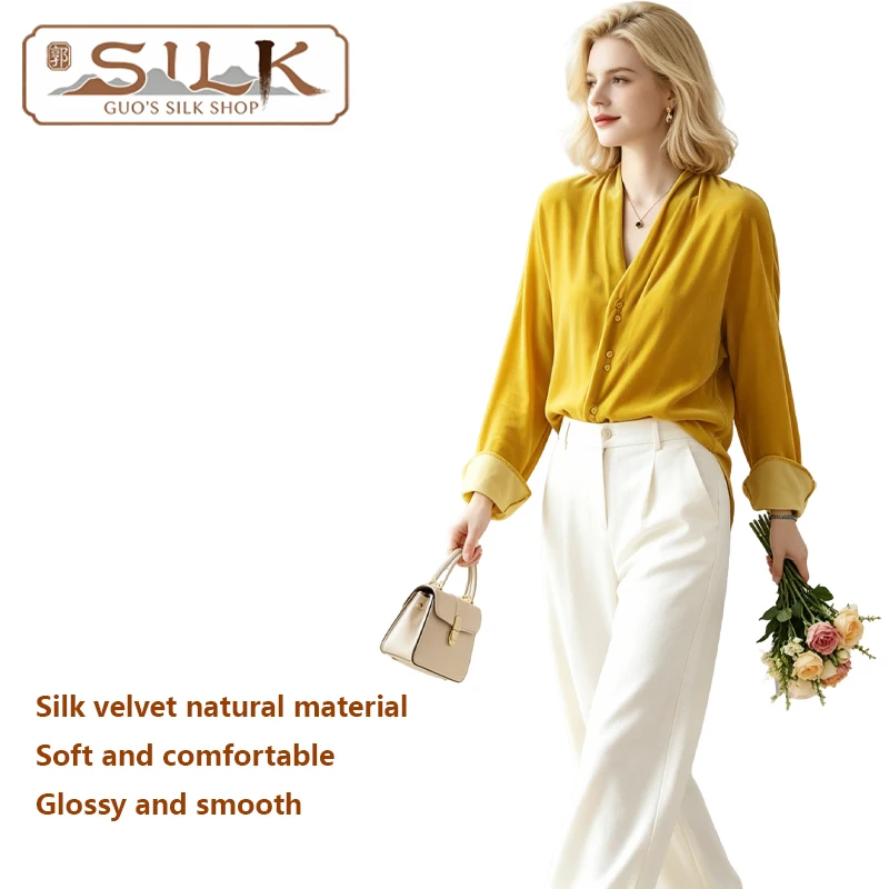 

High-end 100% Silk Velvet Women's Shirt Long-Sleeved V-Neck Elegant Simple Elegant Top Comfortable and Relaxing Women's Shirt