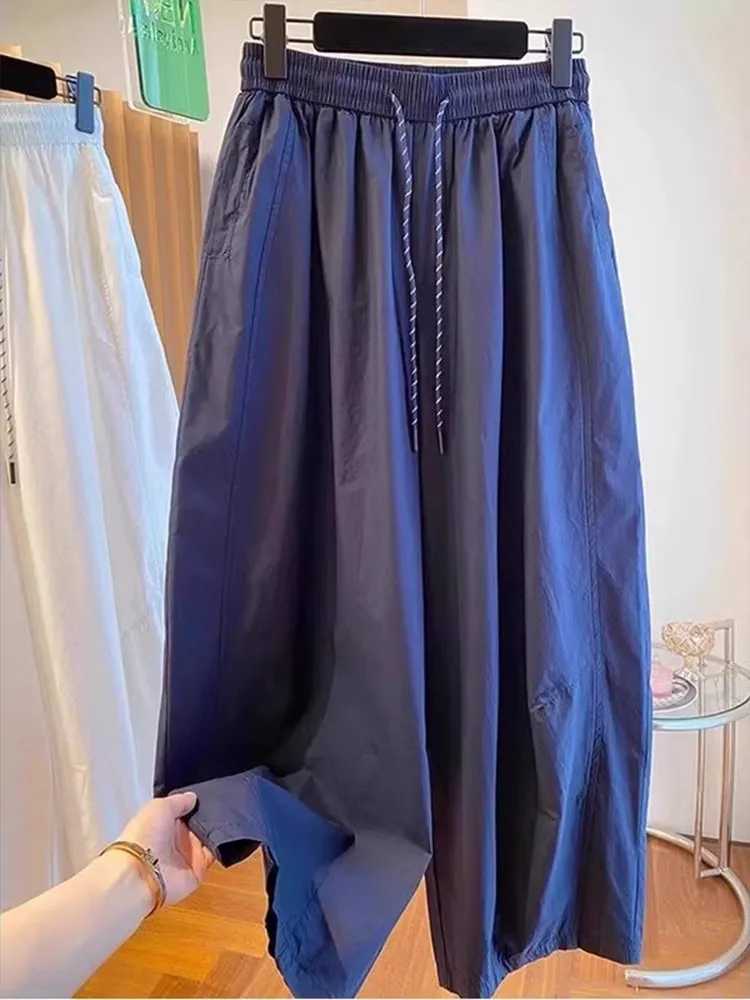 

Quick Dry Ice Silk Cool Feeling Wide Leg Pants Women Summer Thin Loose High Waist Drapey Nine Point Blade Balloon Pants