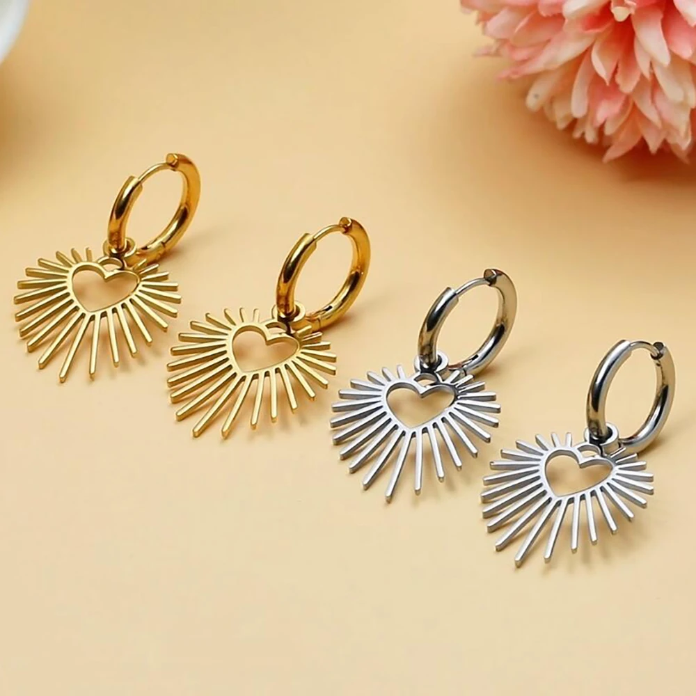 Skyrim Geometric Heart Sun Pendant Drop Earrings Stainless Steel Women Hoop Earring Waterproof Fashion Wedding Jewelry Wholesale