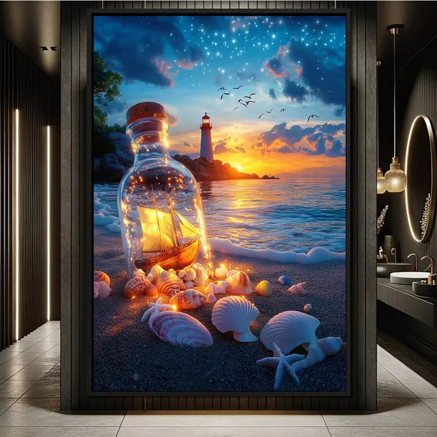 5D Diamond Painting Seaside Boat Rhinestone Picture Embroidery Lighthouse Full Square Mosaic Drifting bottle conch scallop decor