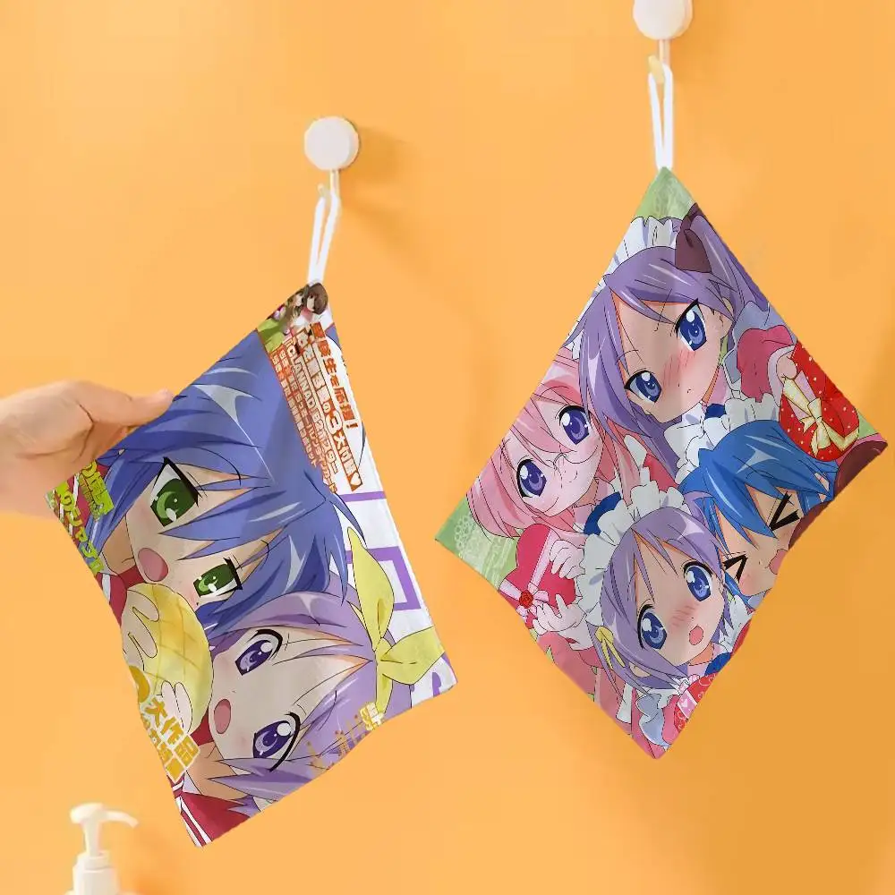 Cartoon L-Lucky S-Star ANIME Polyester Cotton Hand Wiping Towel, Hanging Design, Durable for Household Restaurant Toilet Use
