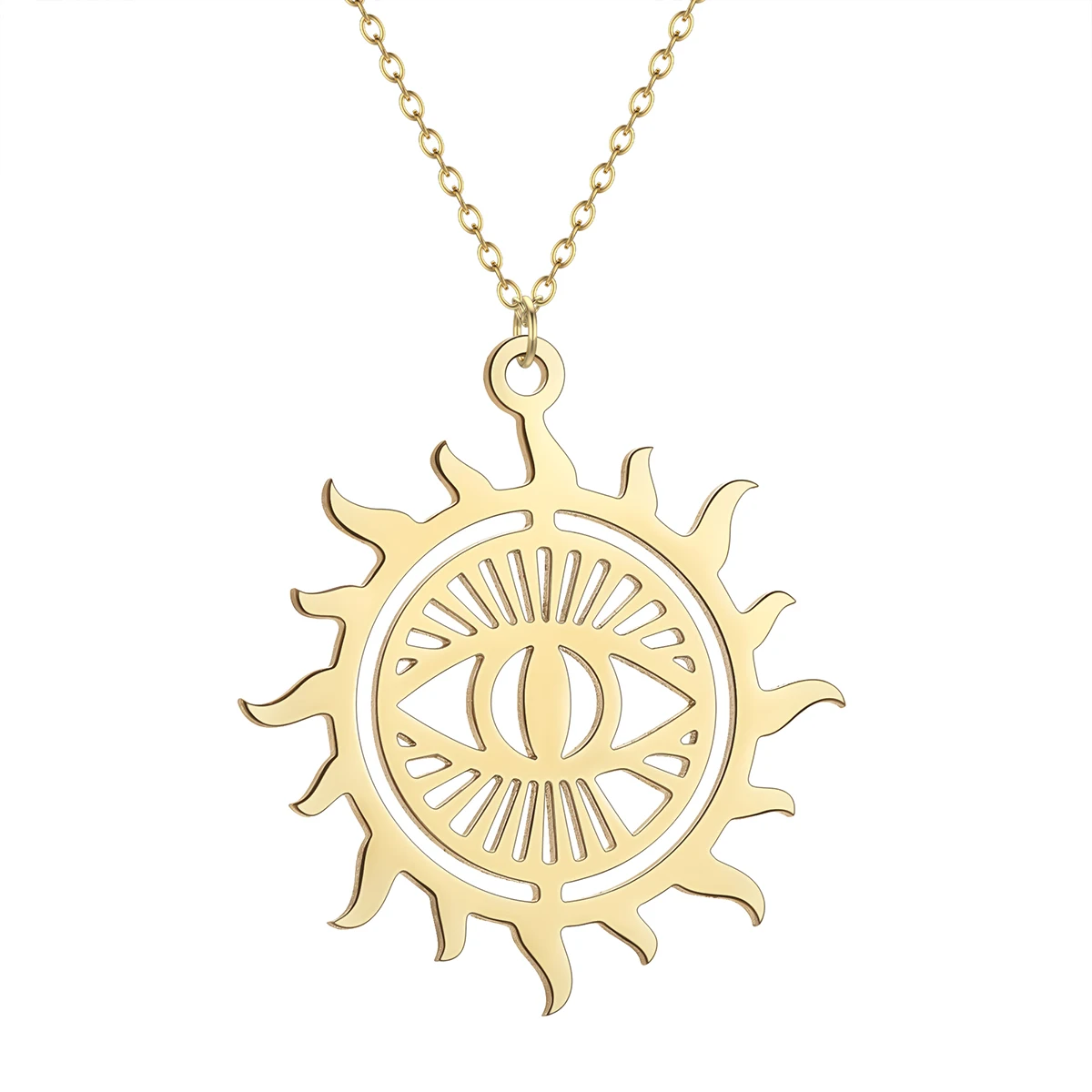 Sunburst Evil Eye Pendant Necklace For Women Stainless Steel Sunshine Sun Rays Evil Eye Charm Necklaces