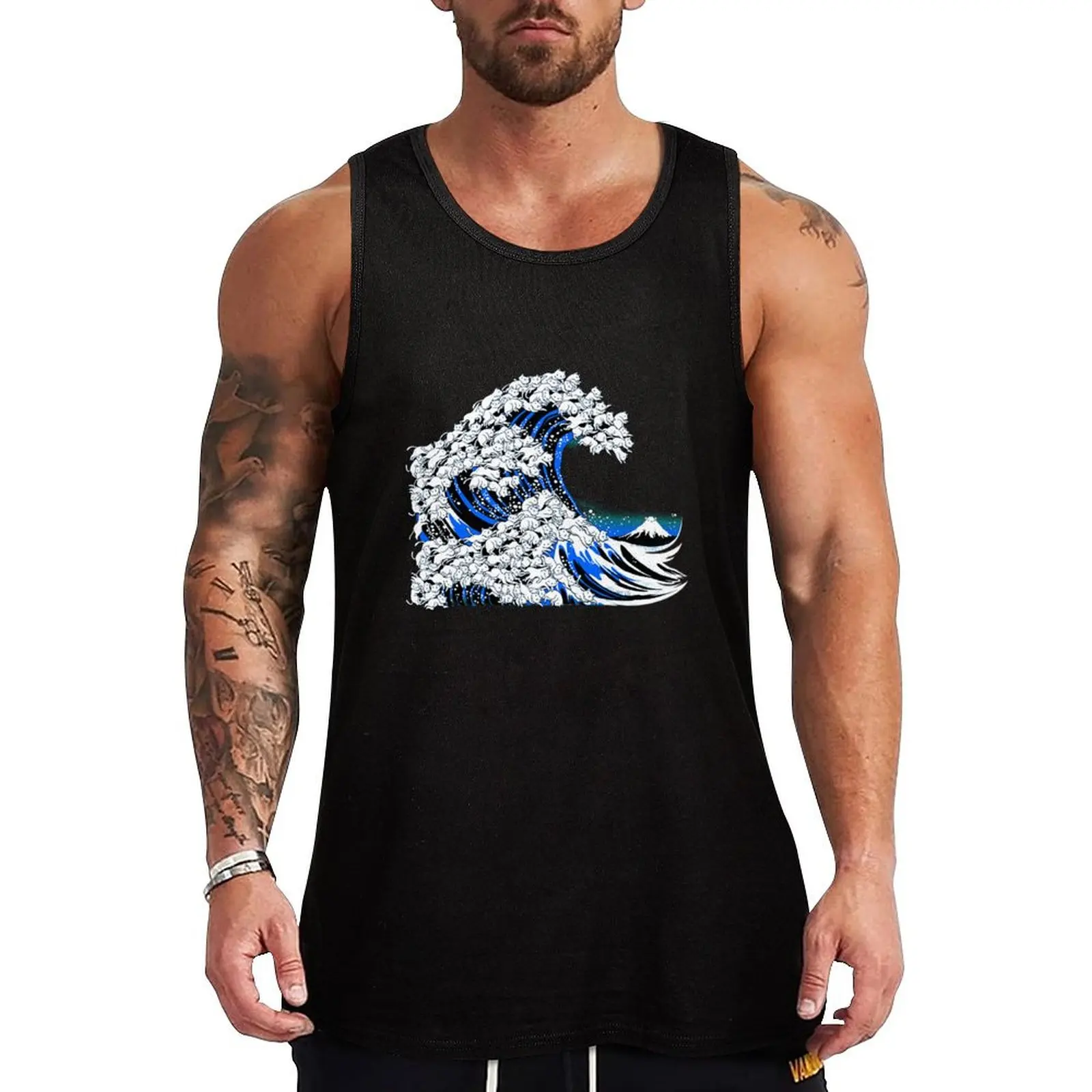 Cats T-ShirtKanagawa Cat Wave Black Tank Top Casual Sleeveless Tank Top Loose Fit Daily Wear