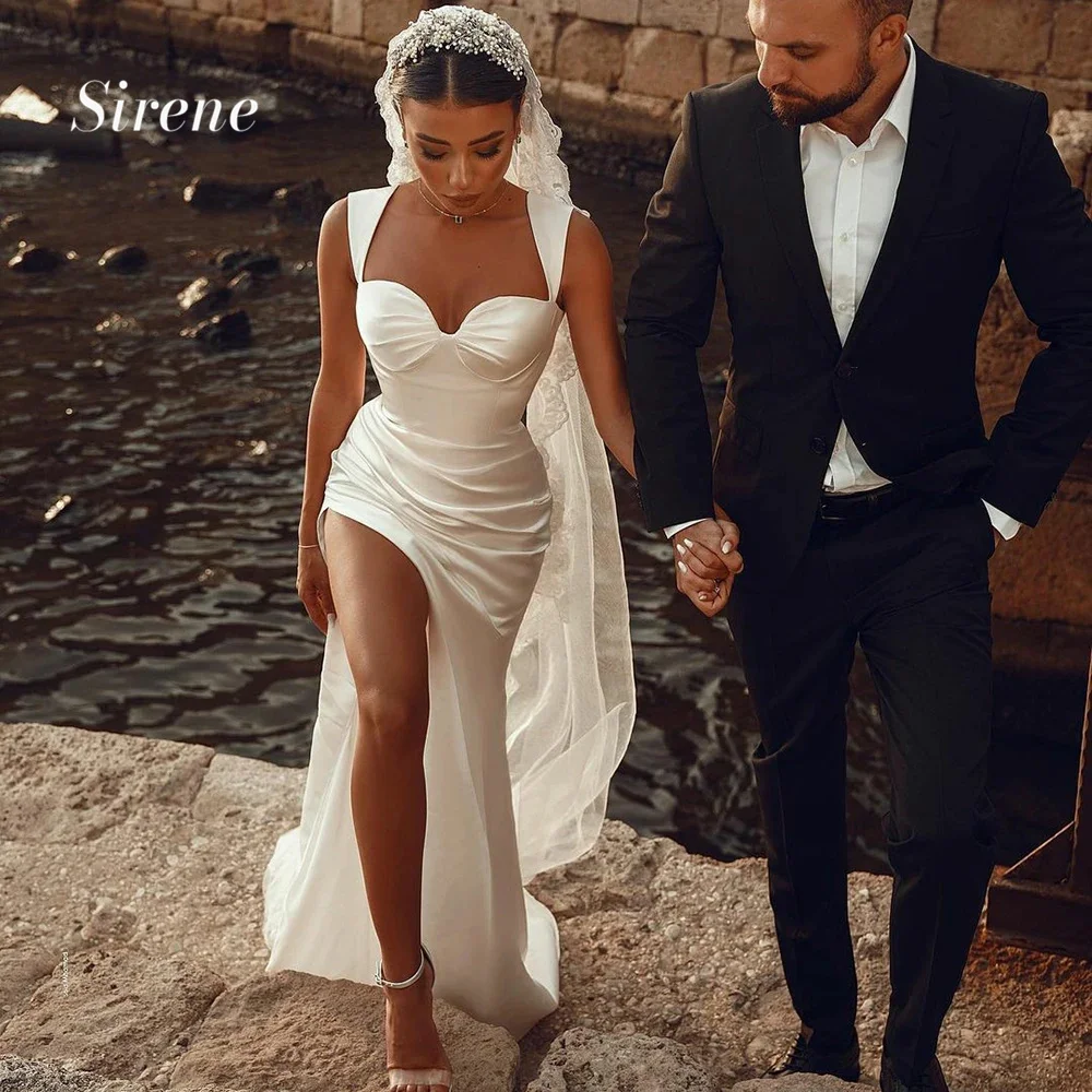 Sirene Sexy Mermaid Spaghetti Straps abiti da sposa in raso Sweetheart Hig fessura lunghezza del pavimento abito da sposa pieghettato Vestidos De Noiva