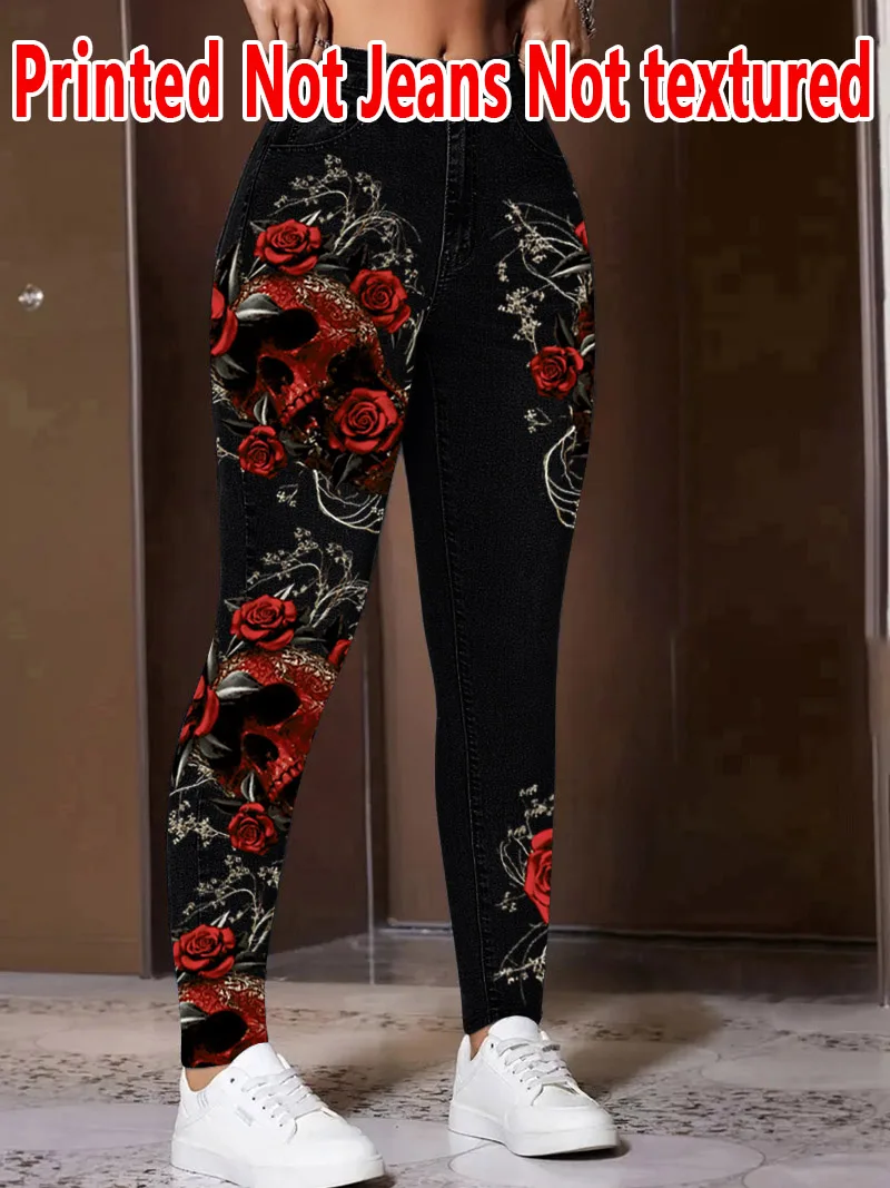 1264 Ladies Printed Tight Pants Non- Denim Fabric Textureless Denim Print Base Layer Pants Four Seasons Wearable Ladies Trousers