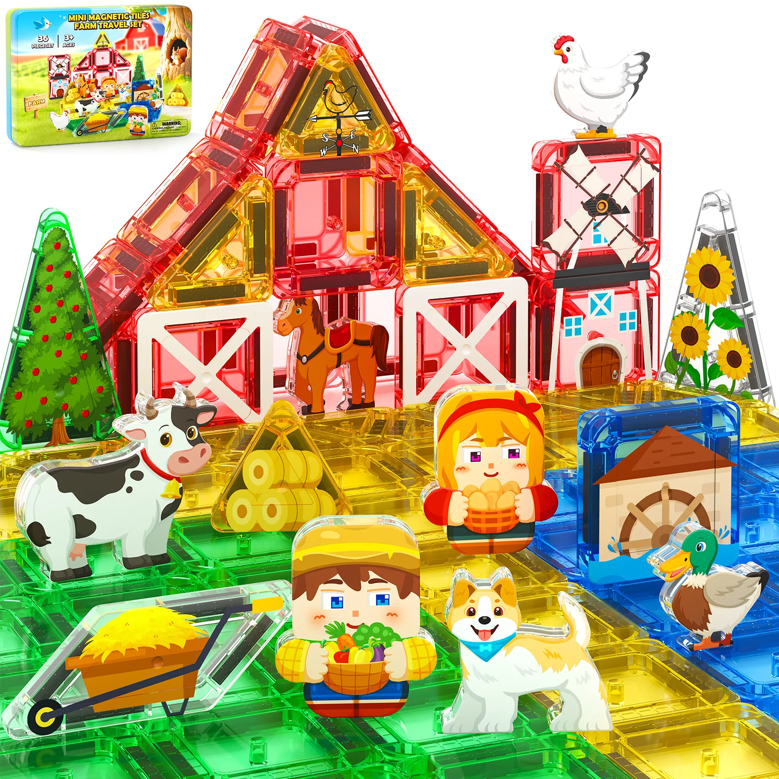 Mini Magnetic Tiles Farm Travel Set, Magnet Building Blocks for Toddlers, STEM Travel Toys with Metal Storage Box, Christmas Birthdays Gifts for Kids Ages 3+