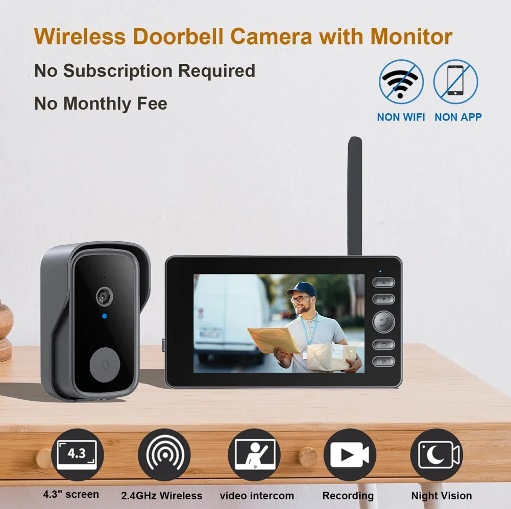 1080P Wireless Doorbells with 4.3 Screen 2-Way Audio Intercom Video Motion Detection Door Camera Smart Home Waterproof Doorbell