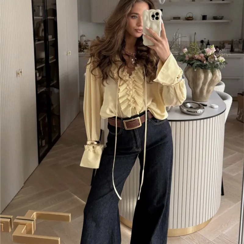 Women's Long-sleeved Chiffon Shirt With Plain Ruffles, Loose Casual V-neck And Long-sleeved Street Top Spring Summer Holiday Top
