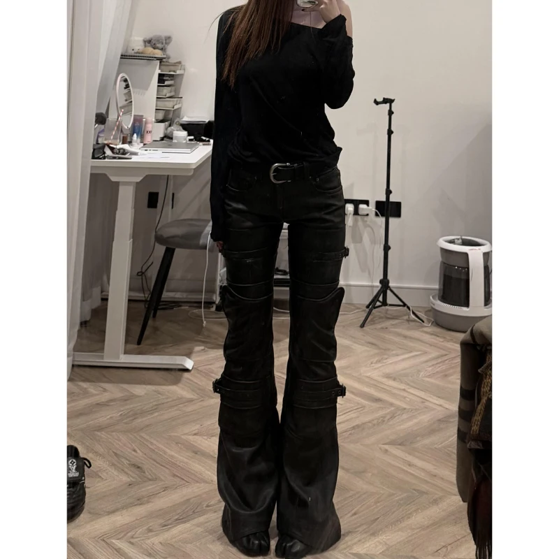 American Retro Design Black Women's Bell-bottoms 2025 Winter New Sweet Cool Hot Girl Slimming Punk Slimming Leather Pants Ladies