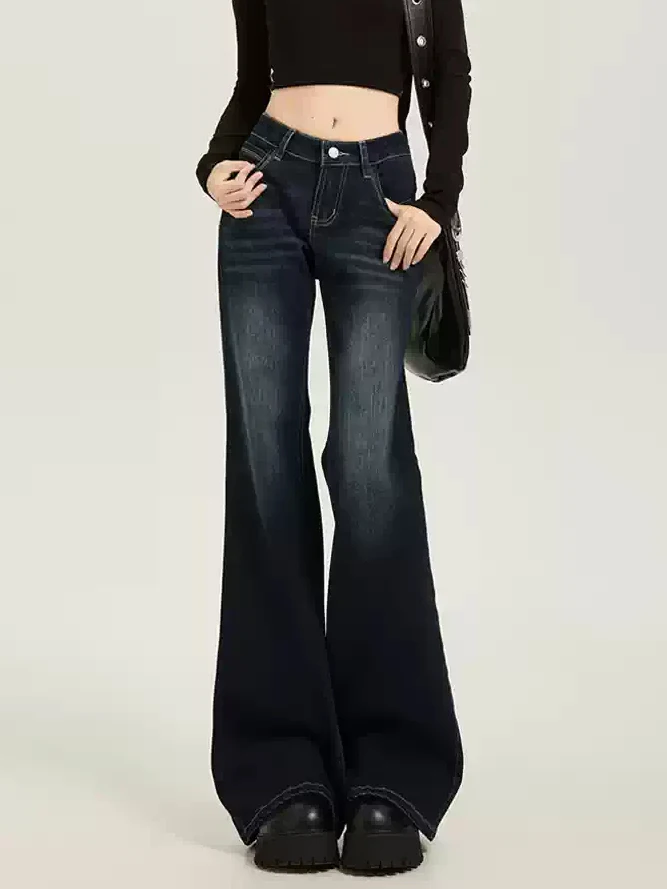 American Deep Blue Low Waist Bell Bottom Jeans Women's New Large Size Fat MM Slim Elastic Floor Length Straight Leg Jeans