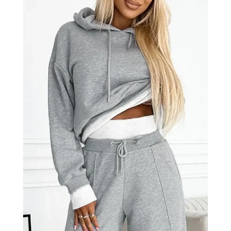 Spring Autumn New Solid Loose Suit Women Sexy Long Sleeve Hooded Pullover Sweatshirt Top Drawstring High Waist Pocket Pants Suit