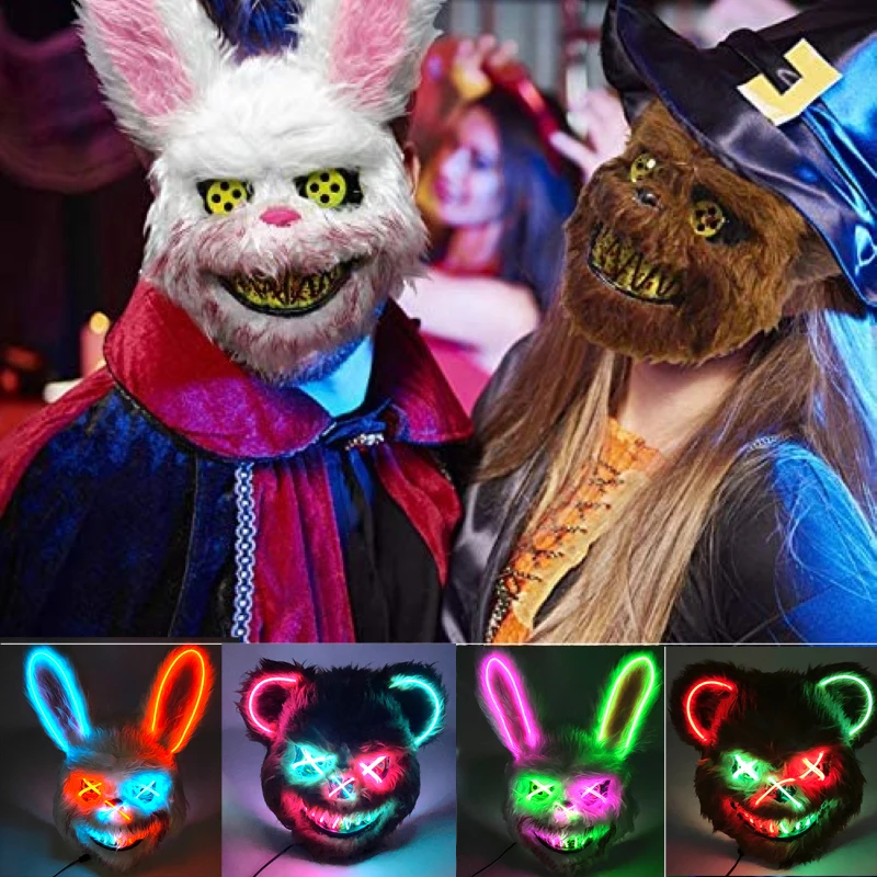 

Hot LED Glowing Cosplay Bunny Bear Face Mask Scary Bloody Killer Mask Neon Horror Rabbit Mask Halloween Masque Supplies