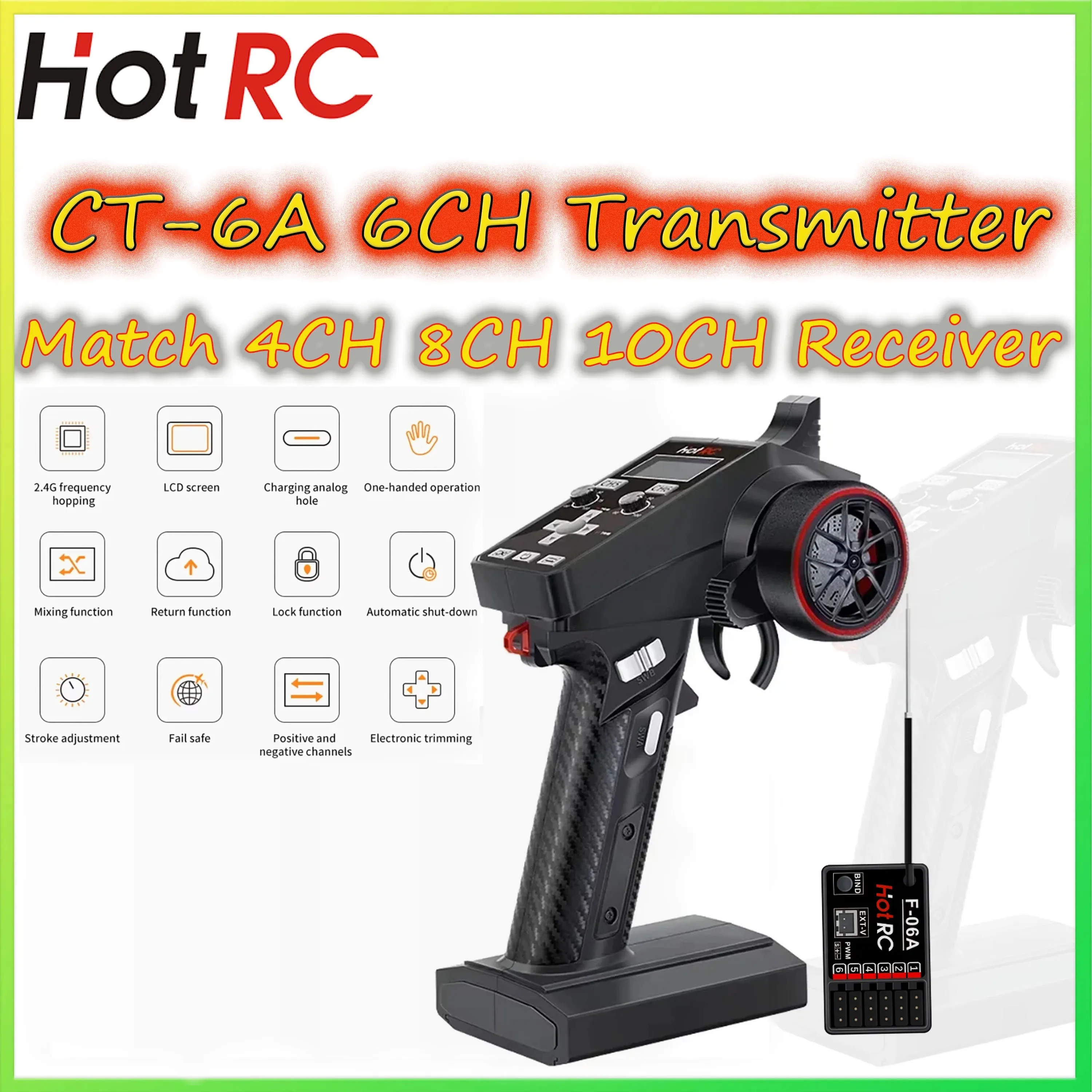 

HotRC CT-6A RC-передатчик 2,4G 6-канальный 6-канальный радиоприемник с одноручным управлением F-06A F-08A F-01AT для радиоуправляемого автомобиля, лодки, дрона, танка