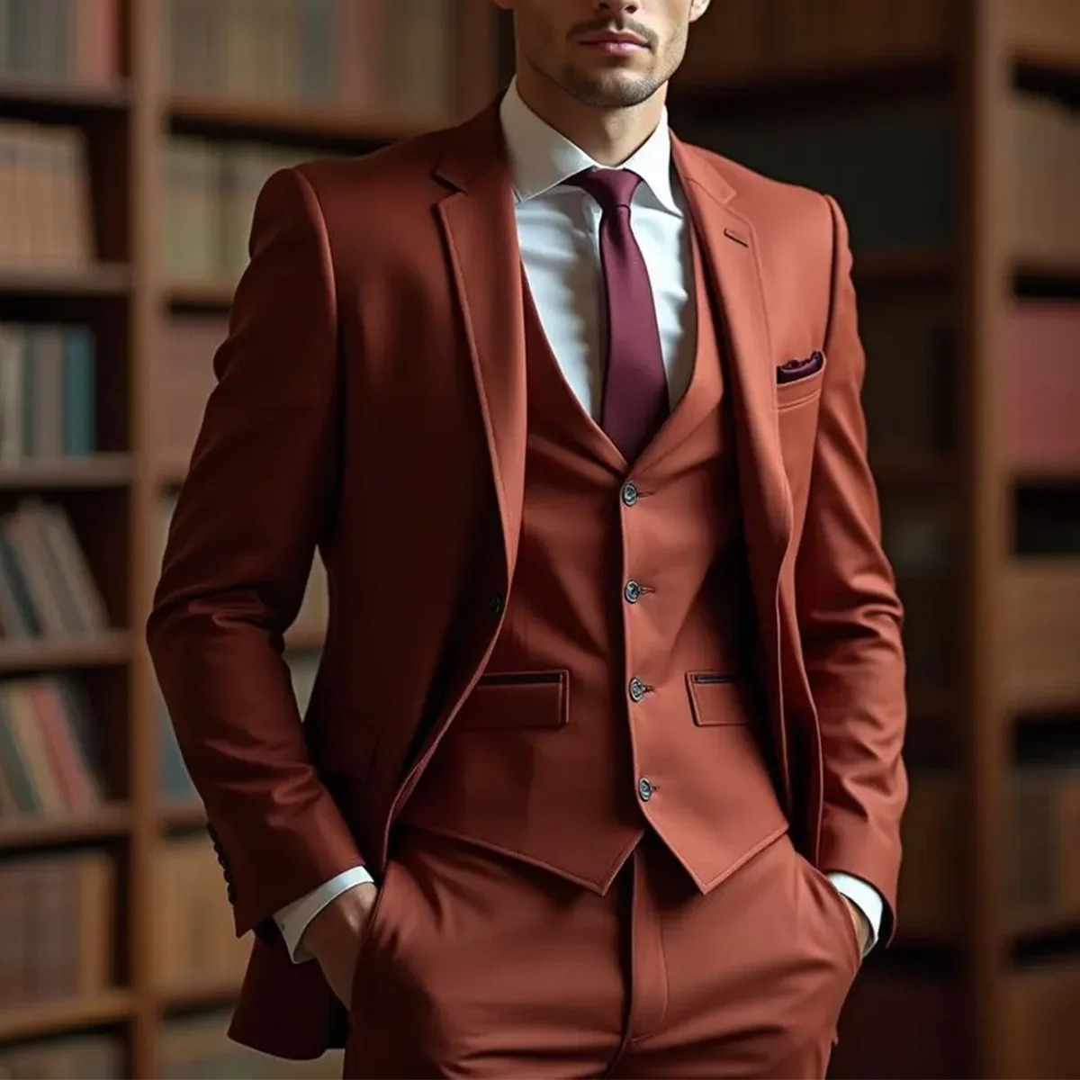 

Elegant Men’s Suits Classic Rust 3-Piece Suit Modern Groom and Wedding Attire Perfect for Events & Dinners (Jacket+Vest+Pants)