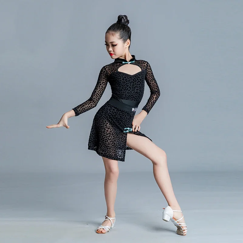 Costume jupe Rumba Chacha Tango, robe d'entraînement latine, nouveaux Costumes de danse latine pour enfants pour filles, noir à manches longues