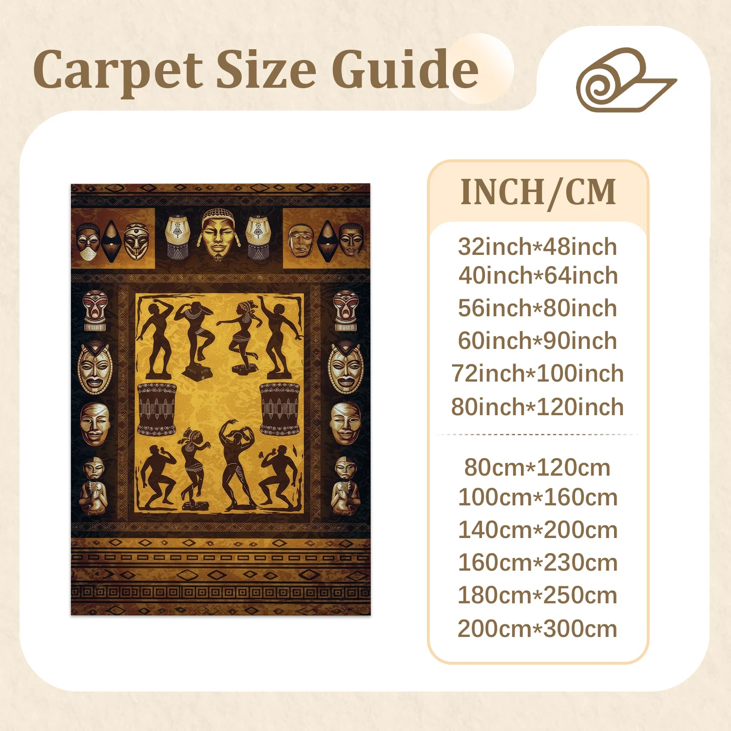 Large Indoor Area Rug, Soft Velvet Low Pile Floor Rug with Non-Slip Dotted Backing, Machine Washable African Tribal Mask Figure Pattern Decor Rug, Warm Gold Brown Ethnic Style for Living Room Bedroom Entryway