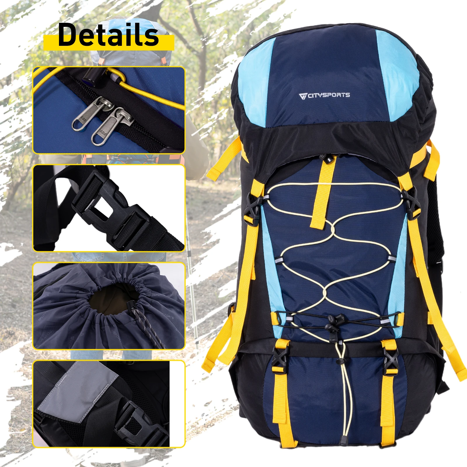 CITYSPORTS PRO Wanderrucksack, Faltbarer Reiserucksack, Trekkingrucksack, 60L (55 + 5), Outdoor-Sport-Reise-Tagesrucksack mit Regenschutz – Detail 10