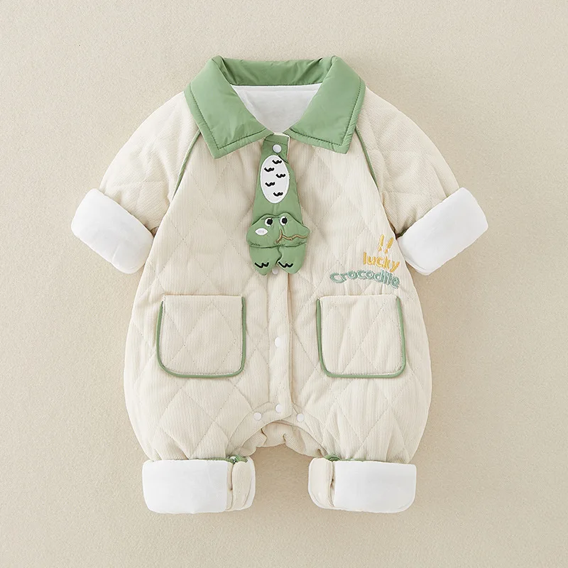 

UNITIM Toddler Boy Rompers Winter Thicken Warm Turn Down Collar Newborn Boy Jumpsuit Crocodile Applique Kids Infant Boy Overalls