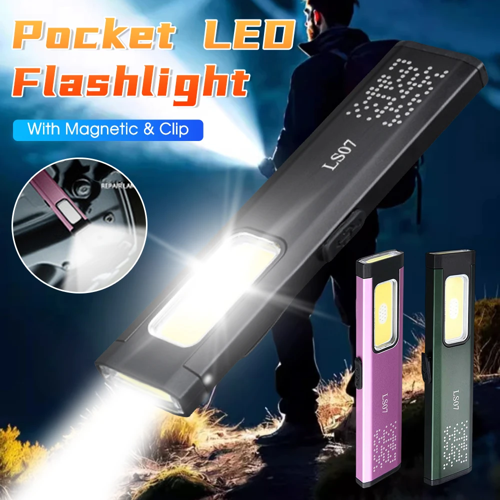 مصباح شعلة LED صغير محمول قابل لإعادة الشحن، مصباح جيب للعمل في الهواء الطلق مقاوم للماء مع قبضة مغناطيسية، مصباح يدوي LED مدمج