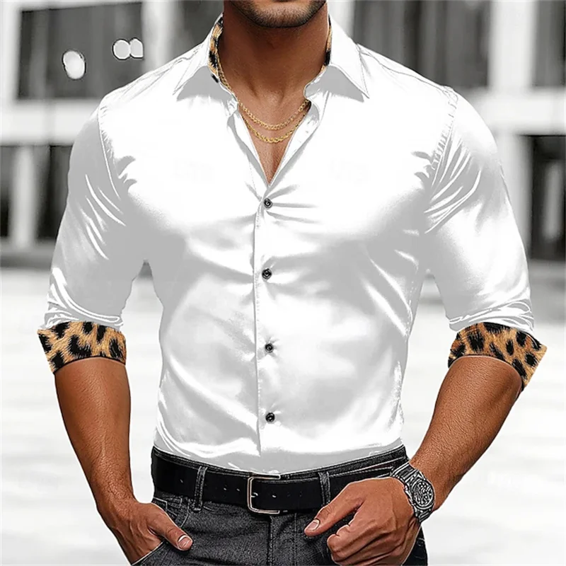 Men's Long-Sleeved Collared Shirt with European and American Style, Featuring Leopard Print Cuffs; Casual and Stylish Men's Top