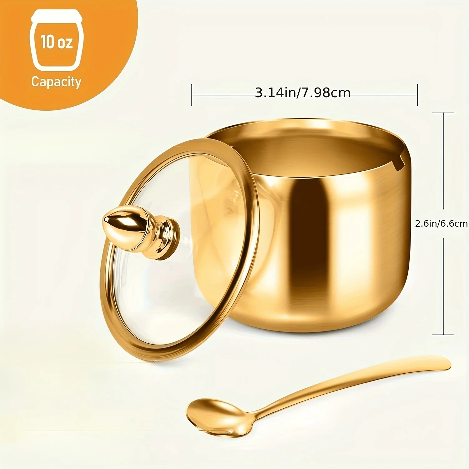 Goldene Edelstahl-Zuckerdose Gewürzbehälter mit Glasdeckel und Löffel für Kaffeebar und Küchenlagerung – Detail 5
